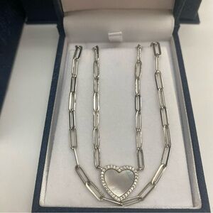 2 Lafonn Zirconia Sterling Silver Heart of Mother Pearl Clip Necklaces Valentine